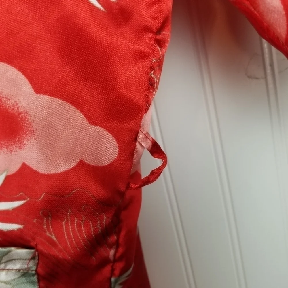 Vintage Kimono Robe Jacket Asian Bird Print Shiny Red White Clouds Missing Belt